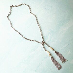 Skinny by Jessica Elliot Tassel Necklace w Silver Chain and Pearl Accents